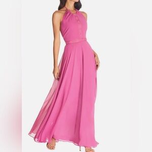 NWT Dress The Population Odette Halter Neck Chiffon Maxi  Dress in Hibiscus, XXL